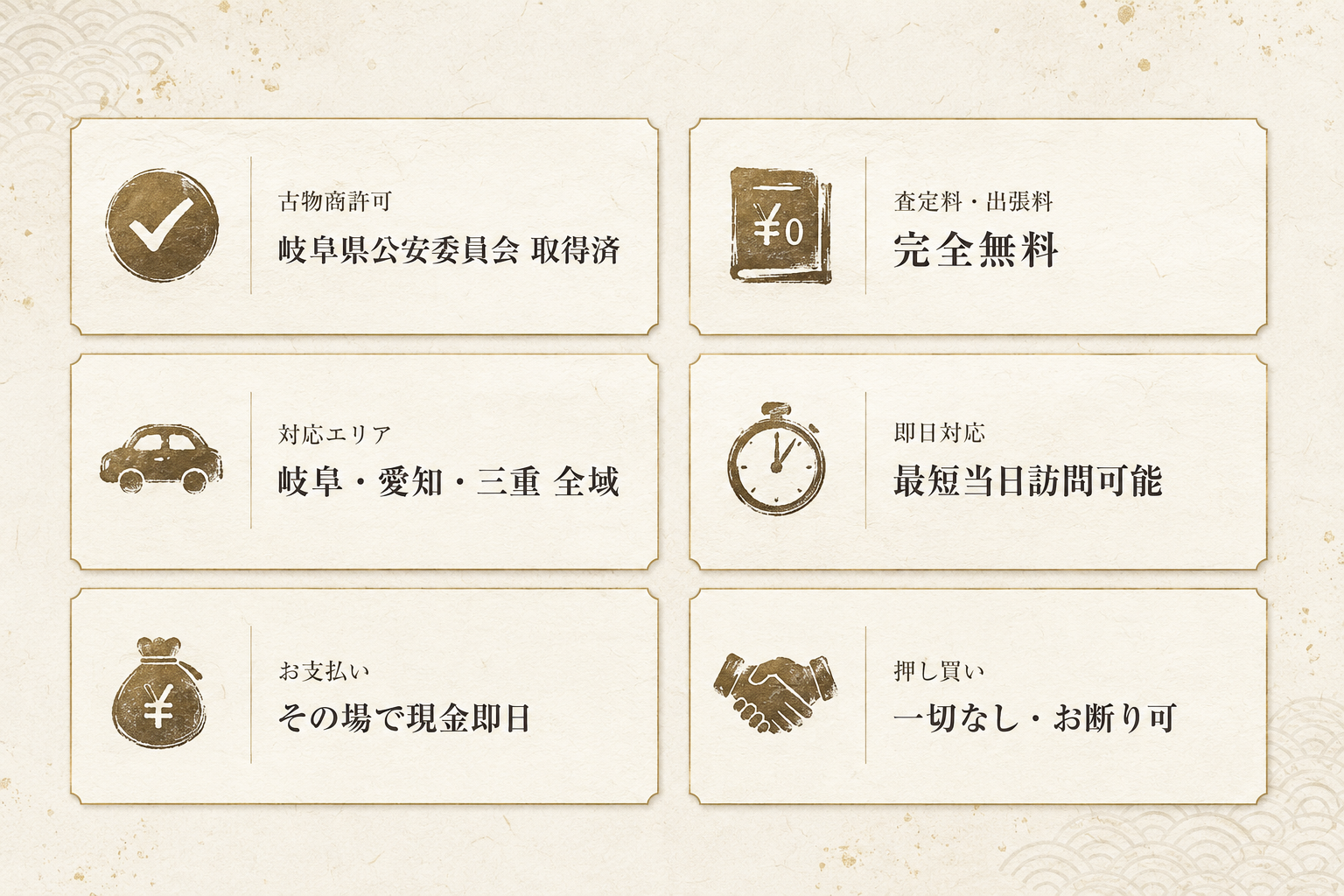 芝田美術が選ばれる6つの強み｜古物商許可・査定料無料・即日対応・現金支払い・押し買いなし - 岐阜・愛知の骨董品買取専門店
