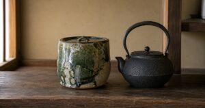 織部水指と鉄瓶の買取事例|加藤作助作・古作織部水指を岐阜で出張買取
