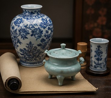 中国美術買取で査定する青花陶磁器と香炉の生成写真