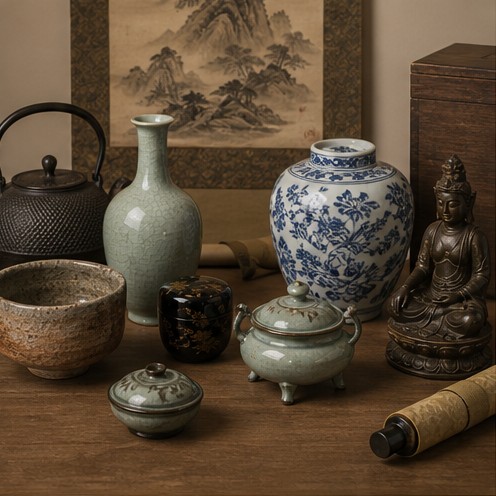 買取商品一覧で案内する茶道具・掛軸・陶磁器・鉄瓶・仏像の生成写真