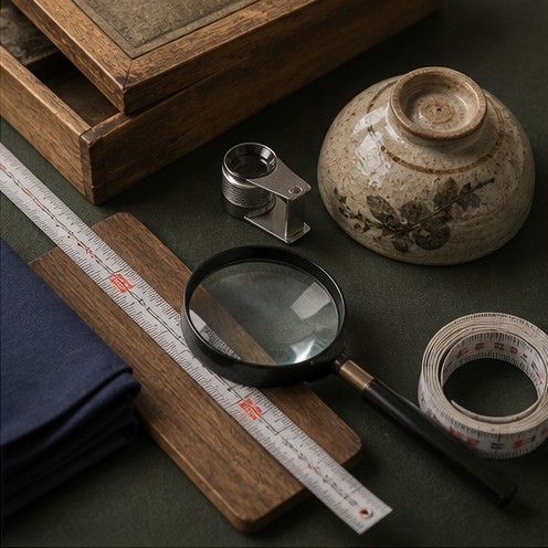 骨董品査定で確認する陶磁器の裏側・ルーペ・寸法の生成写真