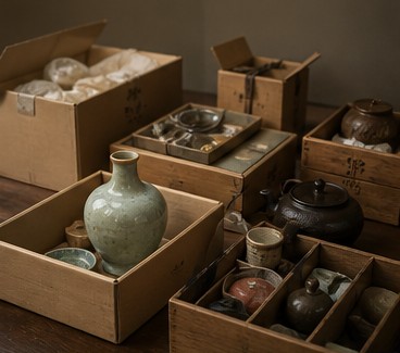 骨董品処分前に査定する陶磁器・茶道具・箱入り品の生成写真