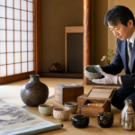 東農地区の遺品整理で出てきた骨董品を専門家が査定するシーン
