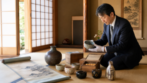 東農地区の遺品整理で出てきた骨董品を専門家が査定するシーン