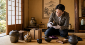 可児市での骨董品・茶道具の出張買取査定の様子