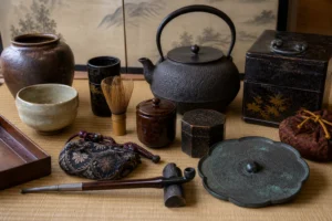 複数種類の骨董品を査定する場面を表した生成画像
