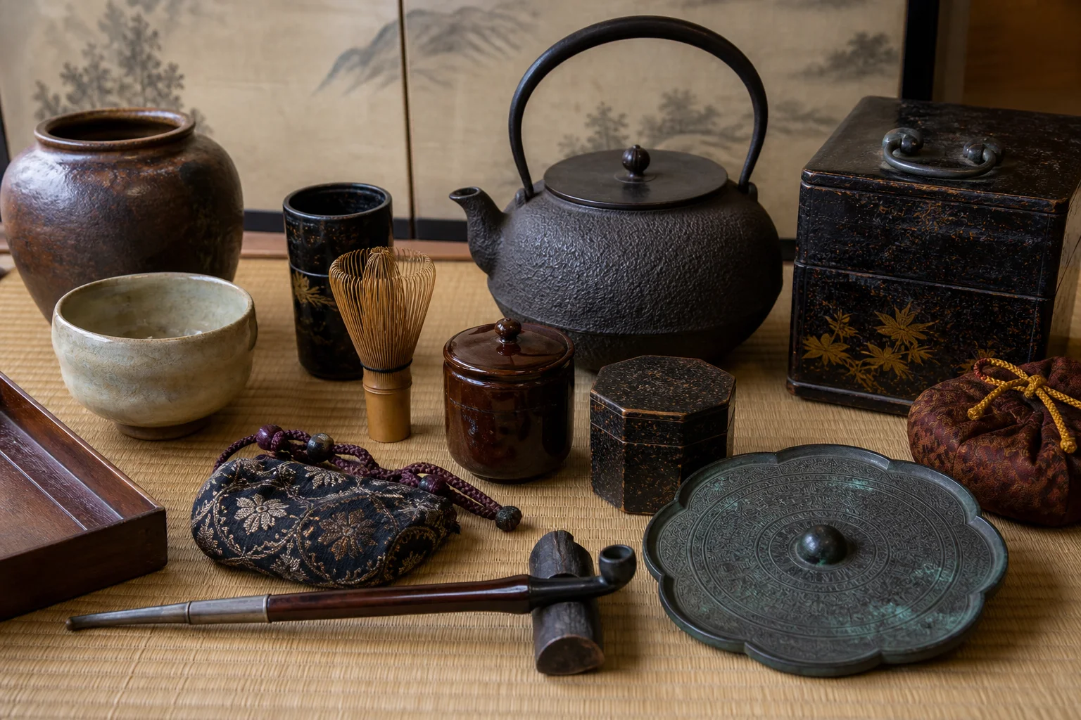 複数種類の骨董品を査定する場面を表した生成画像